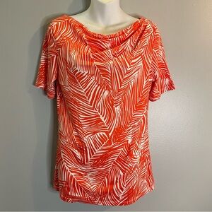 TALBOTS NWOT WOMEN'S ORANGE FEATHER PRINT, COWL NECK TOP SZ/SM